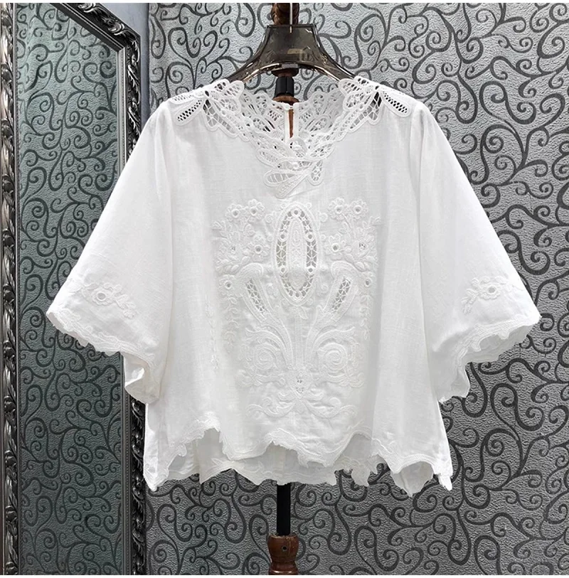 High Quality Linen Blouses 2024 Autumn Women Crochet Lace Embroidery Half Sleeve Casual Loose Tops Ladies White Cotton Shirt