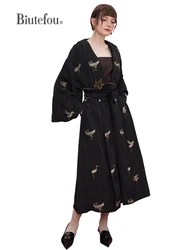 Long Red-Crowned Crane Embroidery Coat for Women, Spring and Autumn