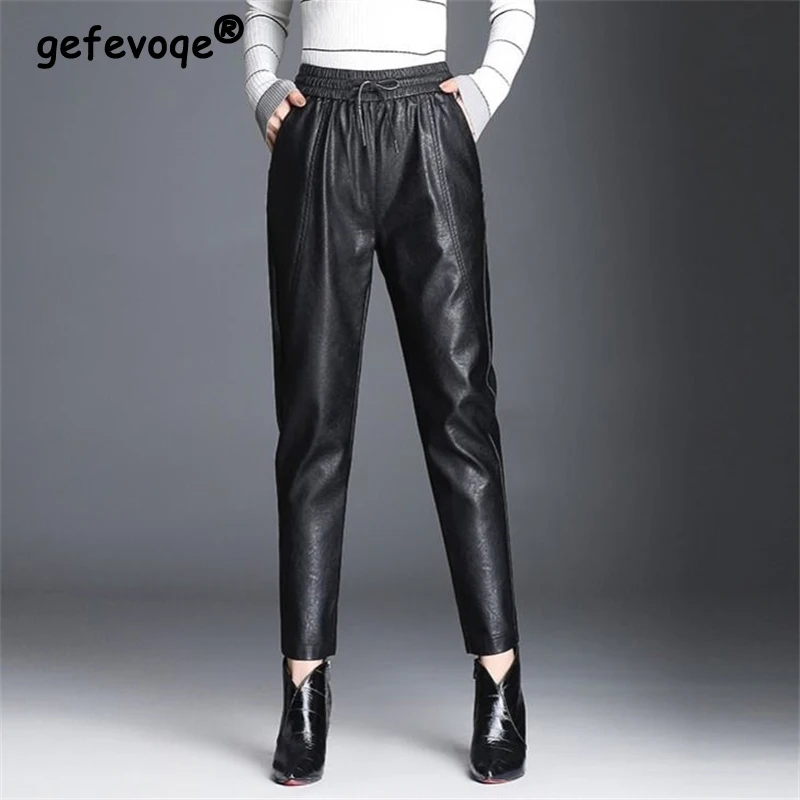 

Women Clothes Vintage Black Plush PU Leather Pants Y2K Female Fashion Elegant High Waist Trousers 2023 Autumn Winter Pantalones