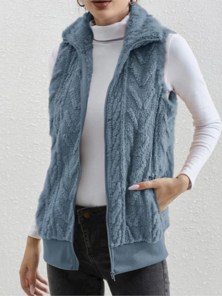 Fashion Plush Cardigan Vest For Women Casual Zipper Lapel Pocket Solid Color Warm Women\'s Vest Coat Female Streetwear 2025