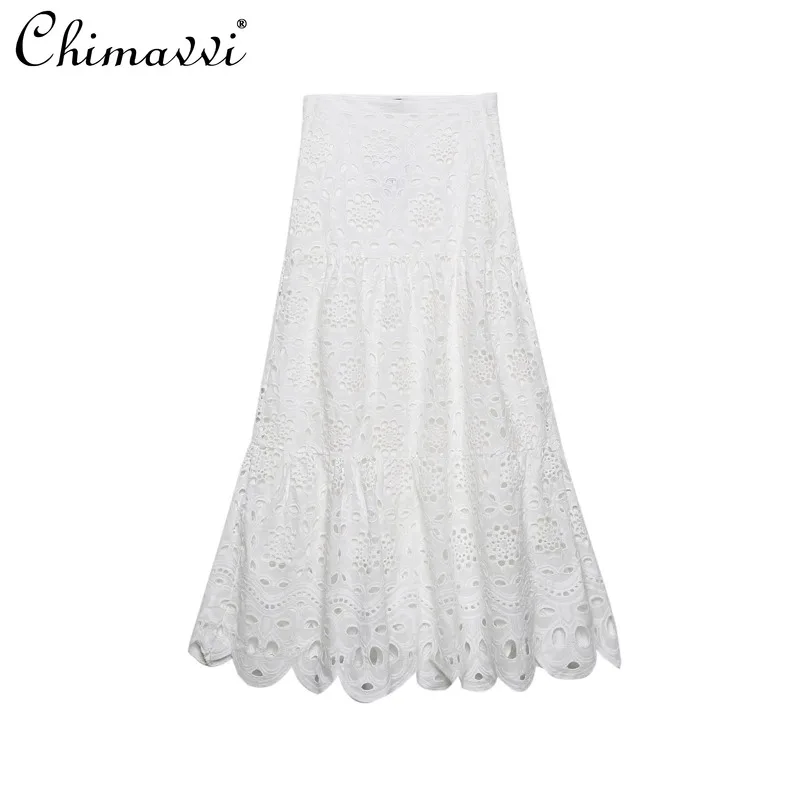 

2024 Autumn and Winter Foreign Trade New Sweet Fashion High Waist Embroidery Long Slim Hollow Solid Color A-Line Skirt For Women