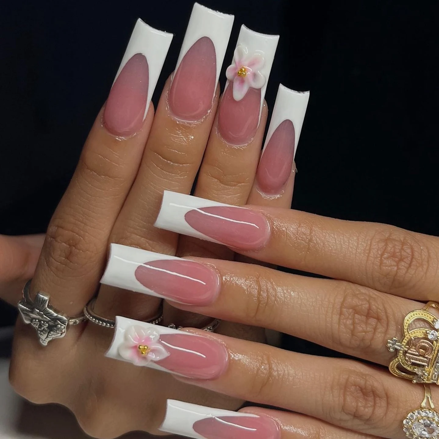 

French Tips Extra Long Square Nail Art 3D Flower Nude Colours French Tip Long XL Square Flowers Acrylic Handmade Press on Nails