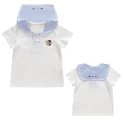 Japanese Children's Short Sleeve Shirts Cartoon Little Bear Embroidery Boys Shirt Underlay Blouses for Girls 2023 Korean Kids