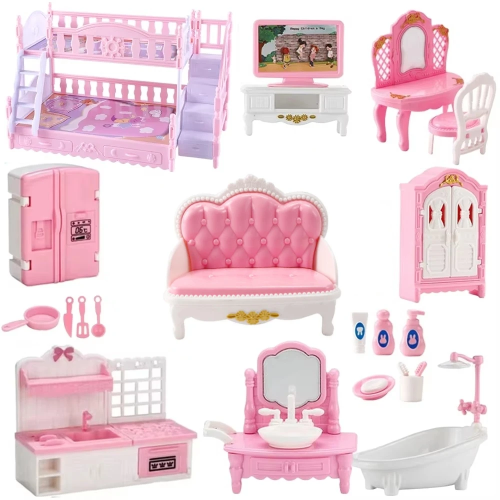 ห้องครัวทําอาหารกิจกรรมสําหรับสาวของขวัญ 1:12 ตุ๊กตาเตียงเด็กน่ารัก Kawaii สีชมพู Miniature ตุ๊กตาเฟอร์นิเจอร์อุปกรณ์เสริมของเล่นเด็ก