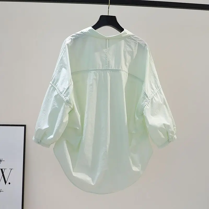 100% Cotton Shirt Women Light Green Design Sense Shirt Fashion Patchwork Binding Loose Shirt Spring Summer 2024 Literary Tops