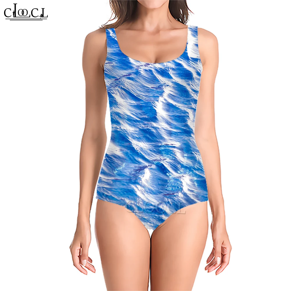 CLOOCL Women Swimsuit Wave Print Sexy Monokini Bikini Set Quick-drying Breathable Clothing Summer One-Piece Bathing Suits