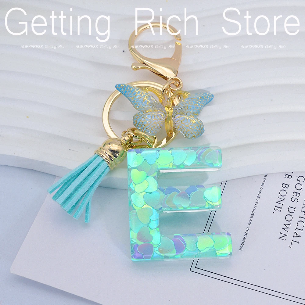 A-Z Green Heart Sequin Letter Keychain Resin Initials Name Keyring With Butterfly Tassel For Friend Purse Bag Handbag Decor Gift