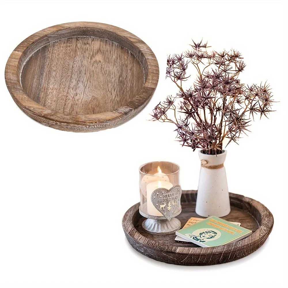 Set of 2 Rustic Round Wooden Serving Trays, Vintage Farmhouse Candle Holder Trays for Coffee Table & Kitchen Countertop Decor