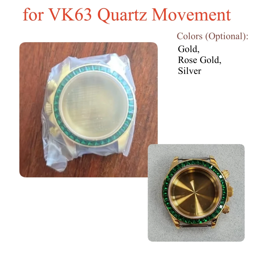 For VK63 Quartz Movement 40MM Men's Watches Stainless Steel Colorful Crystal Watch Case Sapphire Glass Case VK63 Fits 20mm Strap