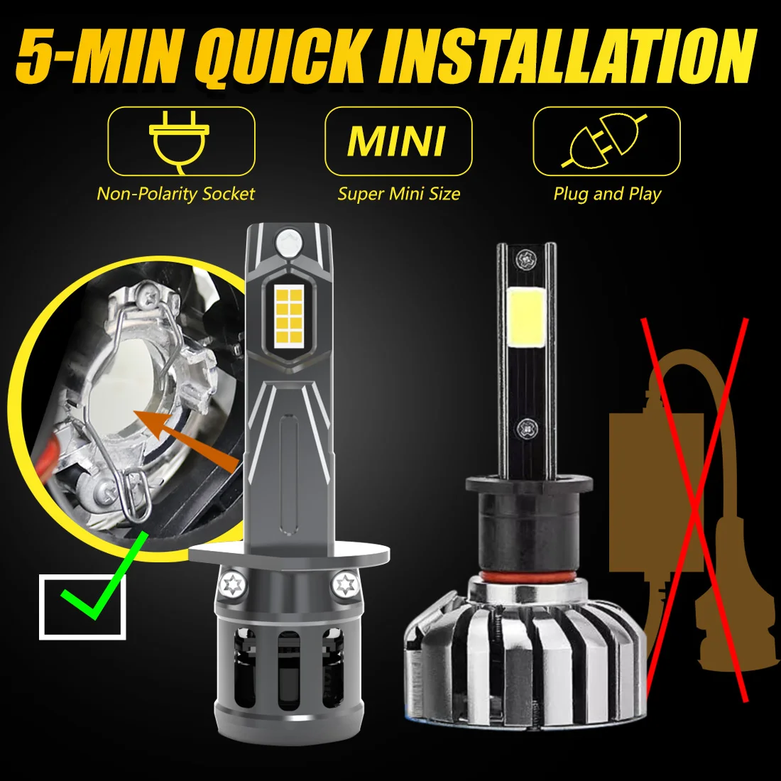 Katur 2Pcs H1 LED Headlight Bulbs GC Chip Super Bright Plug and Play 1:1 Size as Halogen Bulbs 6000K White Canbus with Fan
