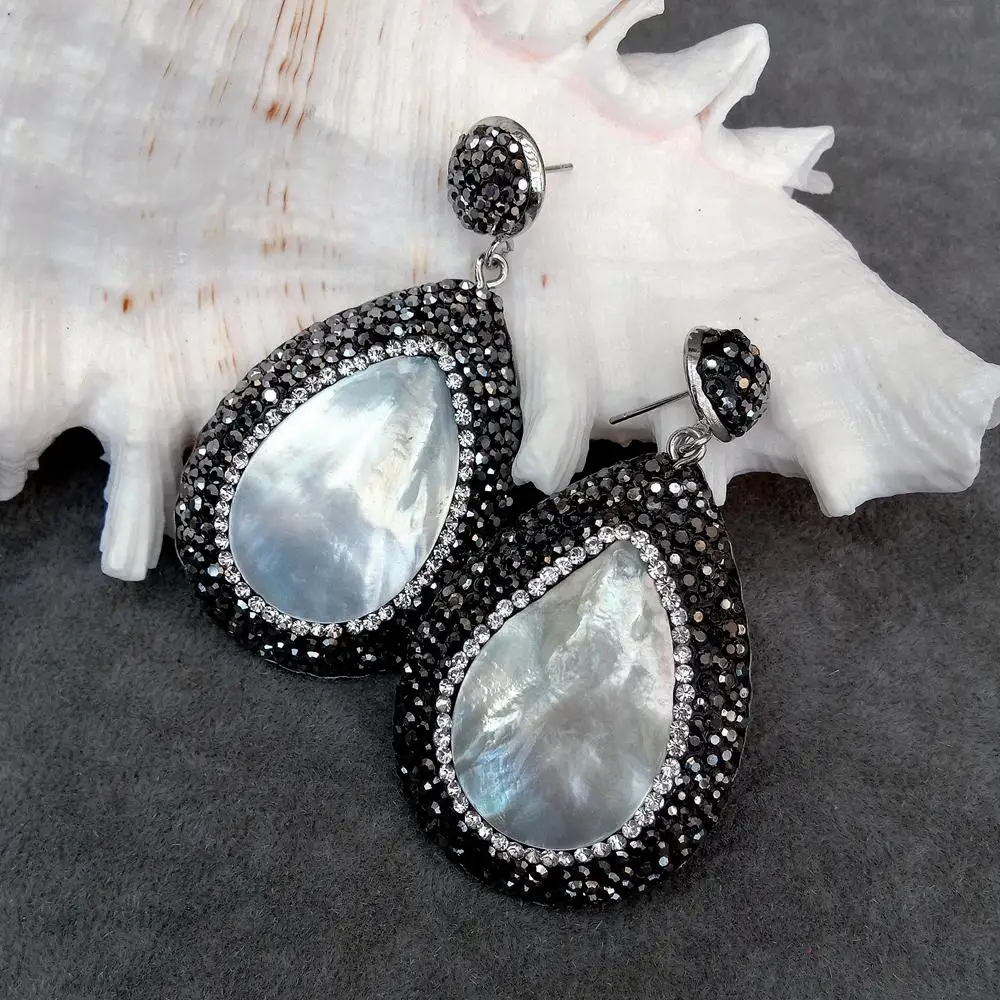 KKGEM 24x35mm Natural White Sea Shell Teardrop Black Crystal Pave Dangle Stud Earrings 2