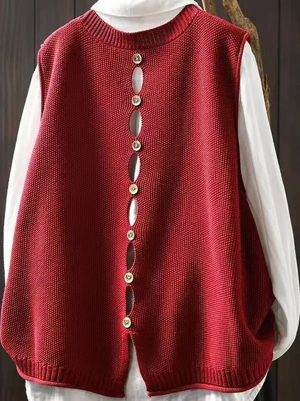 Spring Autumn New Pure Color Knitted Vest Women's Loose Sleeveless Versatile Sweater Outerwear Trendy Shoulder Pad Design