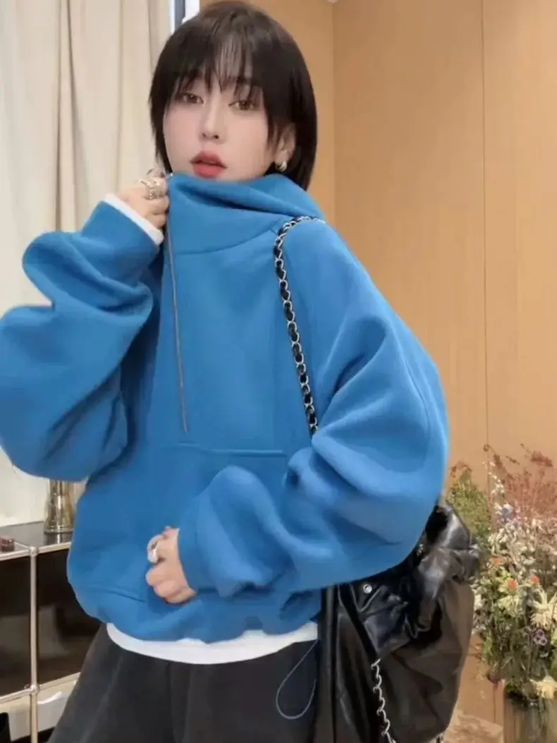 Ins Half Zipper Hooded Hoodie Jacket Women's New Casual Loose Fat MM Slimming Top