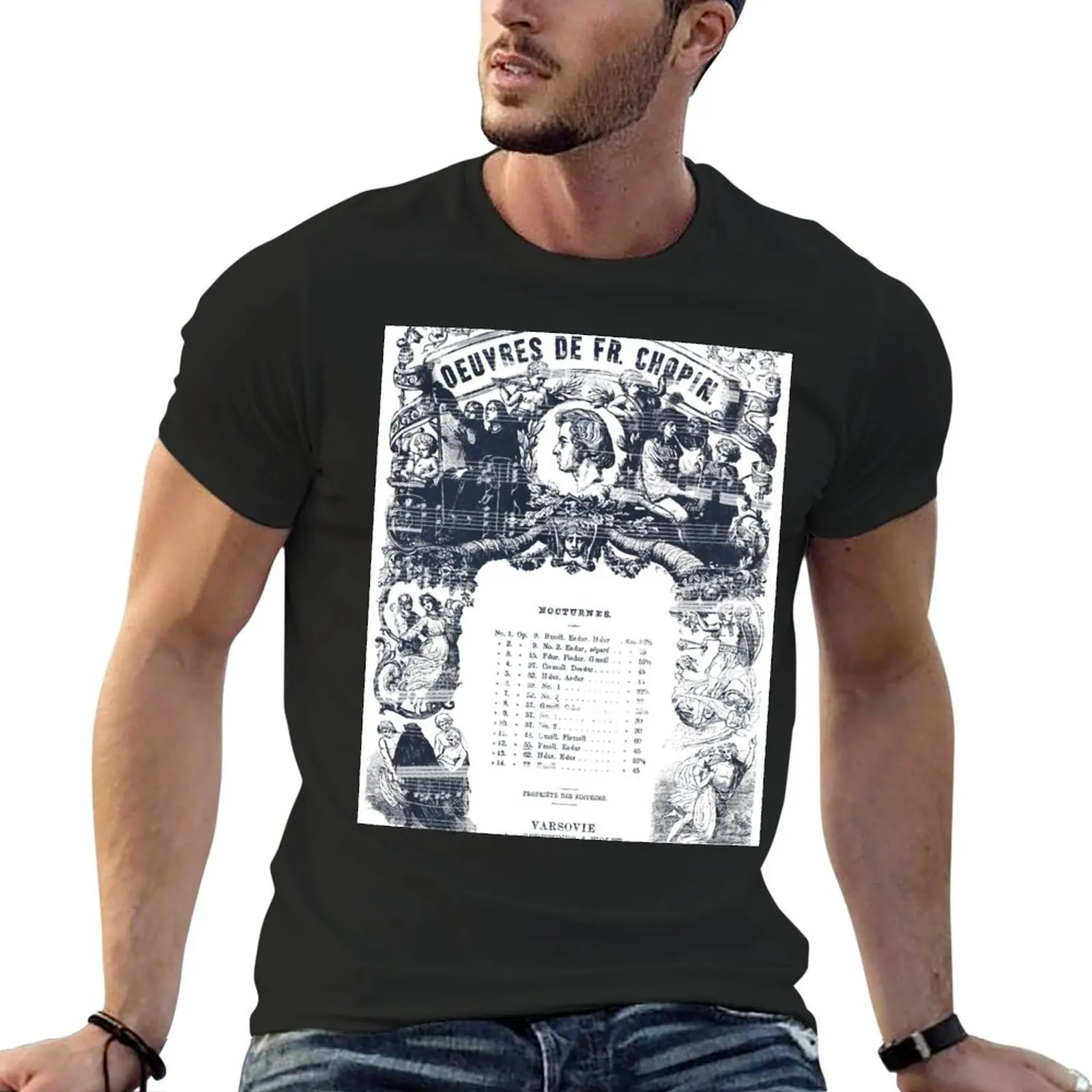 Frederick Chopin Nocturne art T-Shirt blue archive cotton graphic tees blacks tshirts for men