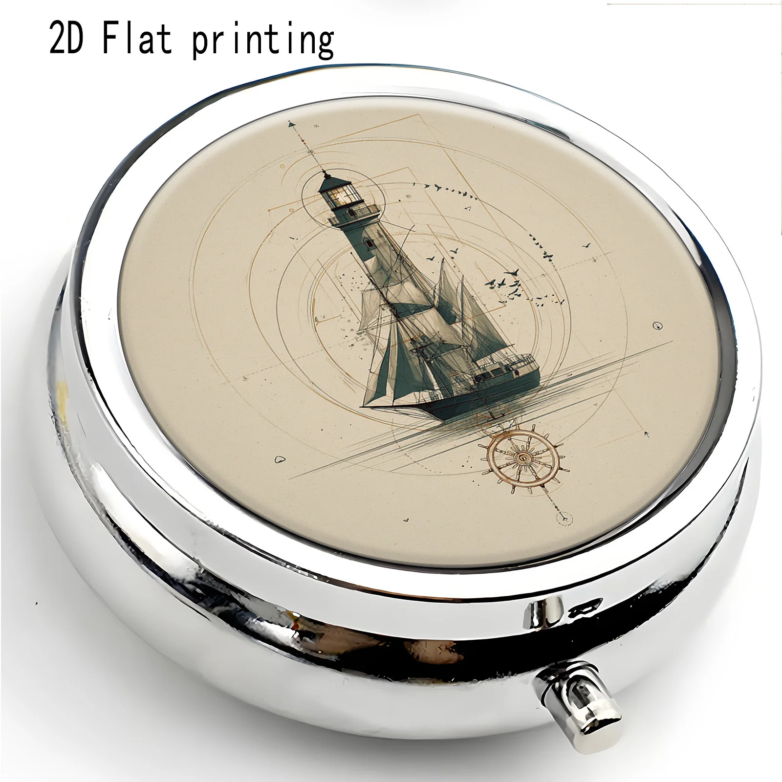 1 modern nautical-style 3-compartment portable box, printed on one side. Medicine storage box, suitable for use in purses or wallets, multi-functional storage box for storing small jewelry and medication, essential travel organizer