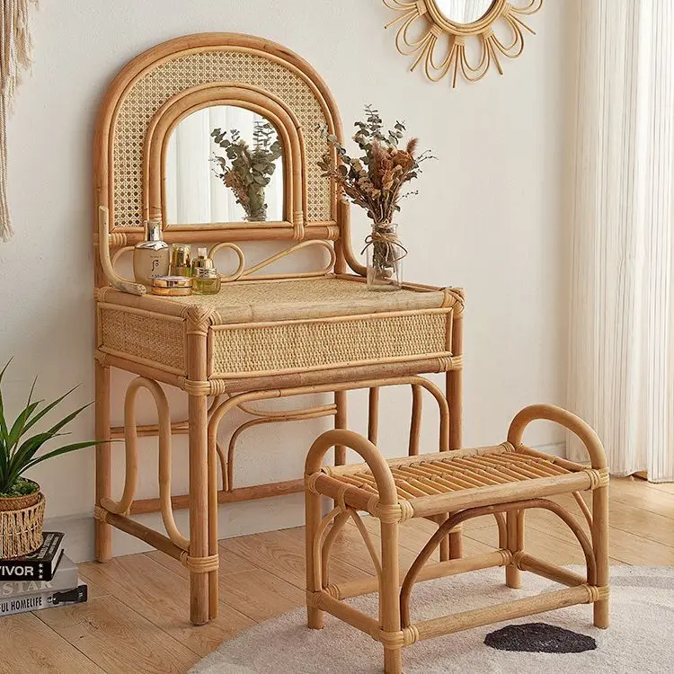 Nordic retro pure handmade rattan with mirror children's dresser, Indonesian real rattan woven with cabinet rack