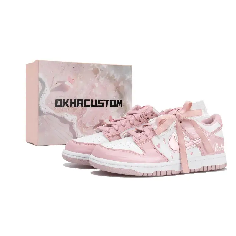 

[Custom Strawberry milk]Nike Dunk Slip-Resistant Low-Top Skateboard Shoes GS Cherry Blossom Pink