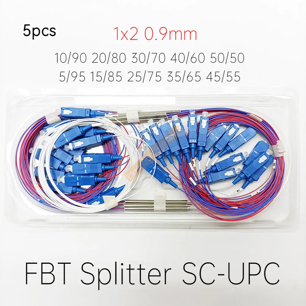 10pcs/lot Fiber Optic FBT Splitter SC UPC 1x2 0.9mm With Connector Unbalance Coupler Optional Splitter Ratio 10/90 20/80 30/70