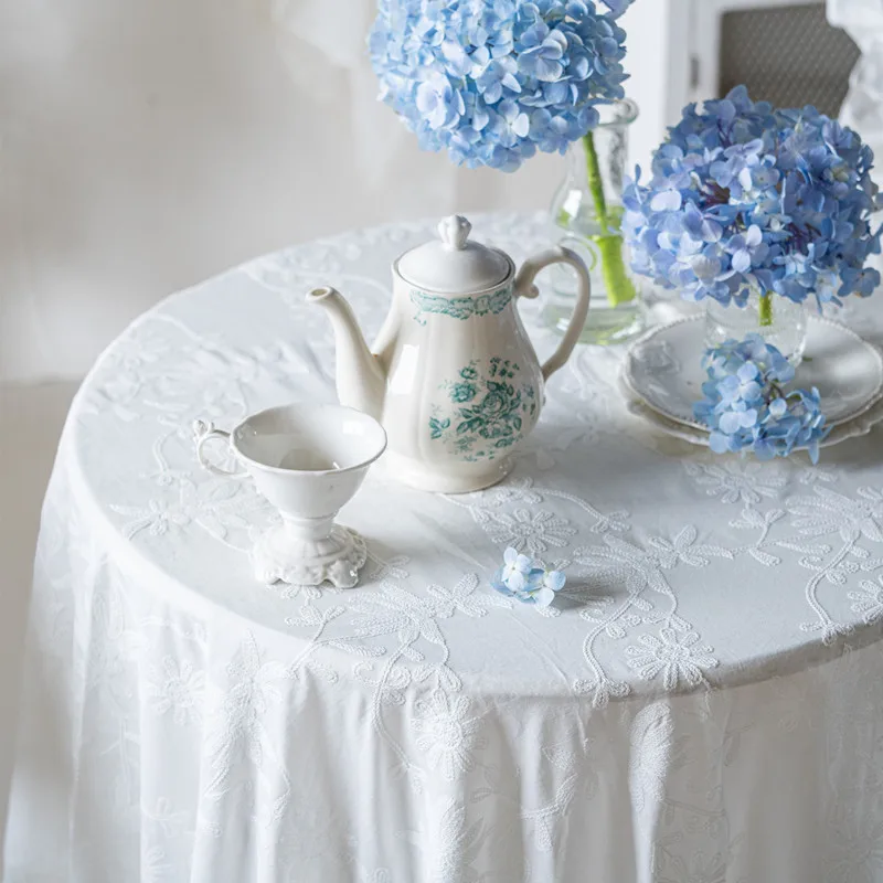 Blue and White Porcelain All Cotton Embroidered Tablecloth Waterproof and Oil Resistant Lotus Leaf Edge Tea Table Tablecloth