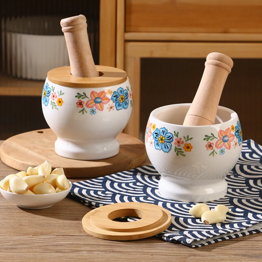 

Garlic Pounder Ceramic Ceramic Mortar Internal Thread Flower Pattern Manual Mortar with Lid Labor Saving Garlic Masher Kitchen