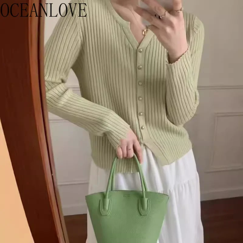 

OCEANLOVE Short Cardigans Woman V Neck Sweet Autumn Winter Chic Sweaters Solid Korean Fashion Elegant Basics Sueter Mujer