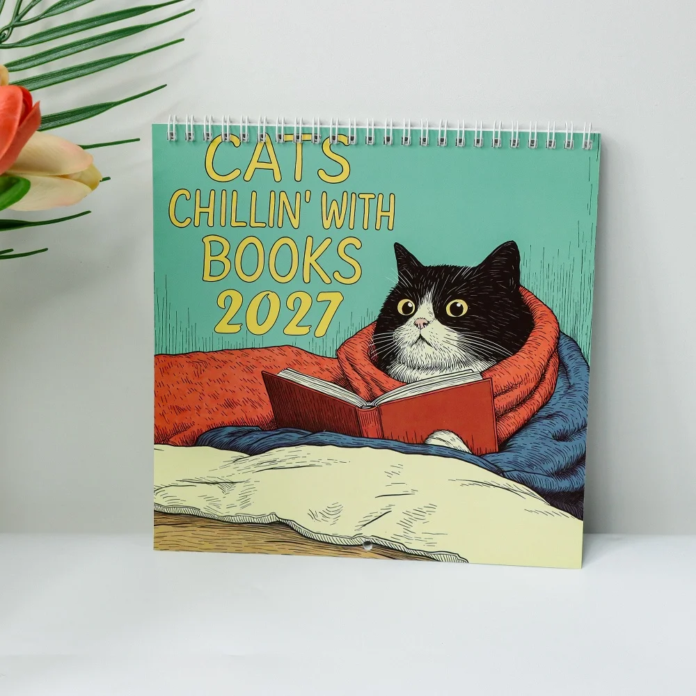 Cat Wall Calendar 2027, Cats Chillin' with Books, Funny Cat Calendar, Book Lover Gift, Quirky Home Decor, Cute Cat Art, Bookish