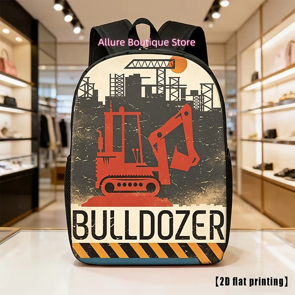 Versatile Retro Bulldozer Construction Site Graphic Print Casual Lightweight Unisex Backpack, Great for Daily Use, School, Commu