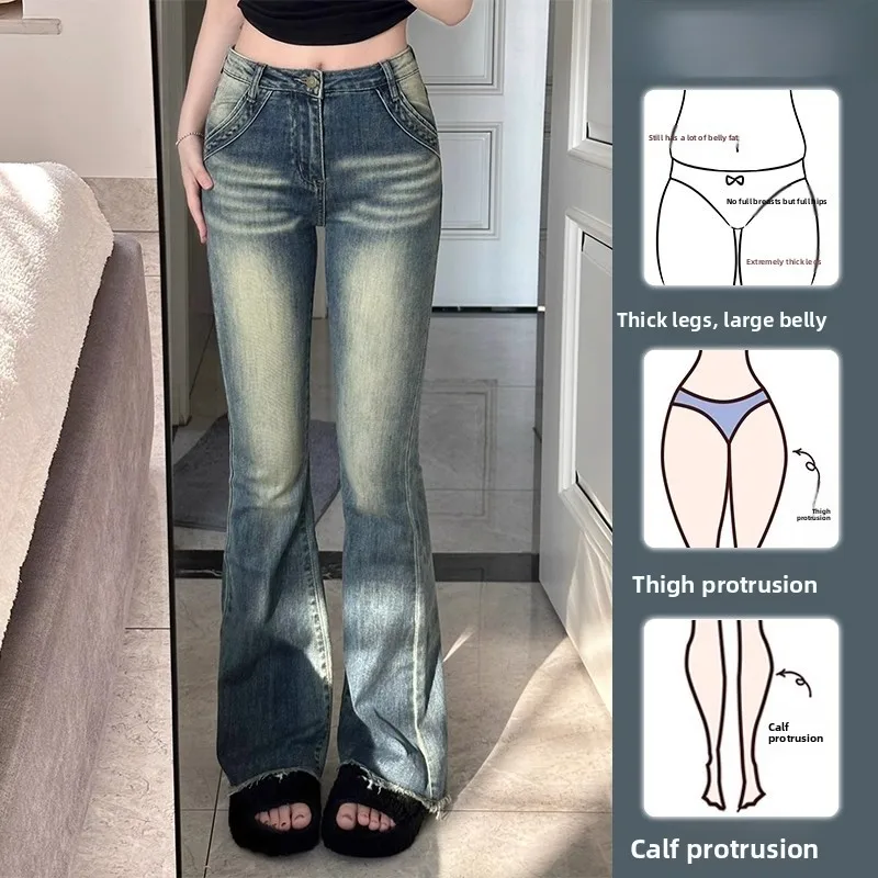 

High Waist Slim Fit Bell Bottom Jeans Women's Denim Pants Fleece Vintage Design Floor Length Trousers plus Size