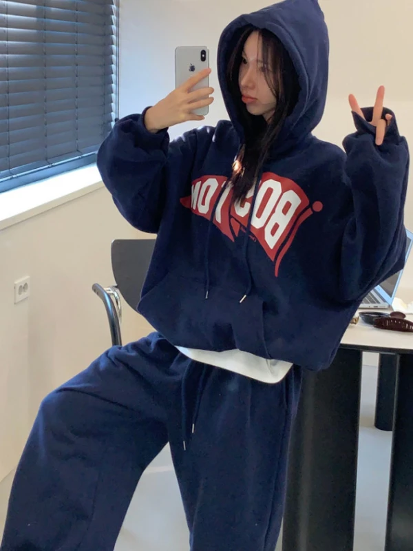 

Женская толстовка с капюшоном и принтом на подкладке, комплект из джата и брюк, теплый шикарный свободный крой, осенне-зимний ансамбль Faion