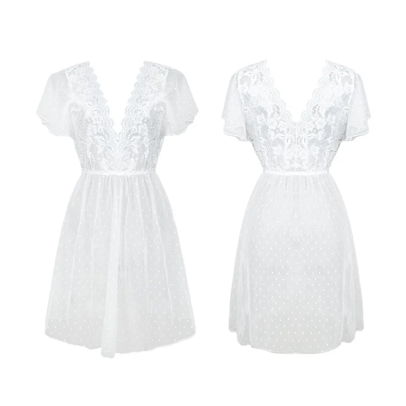 Pijama sexy e sedutor de renda patchwork de manga curta com malha de bolinhas, profundidade de perspectiva e peito exposto