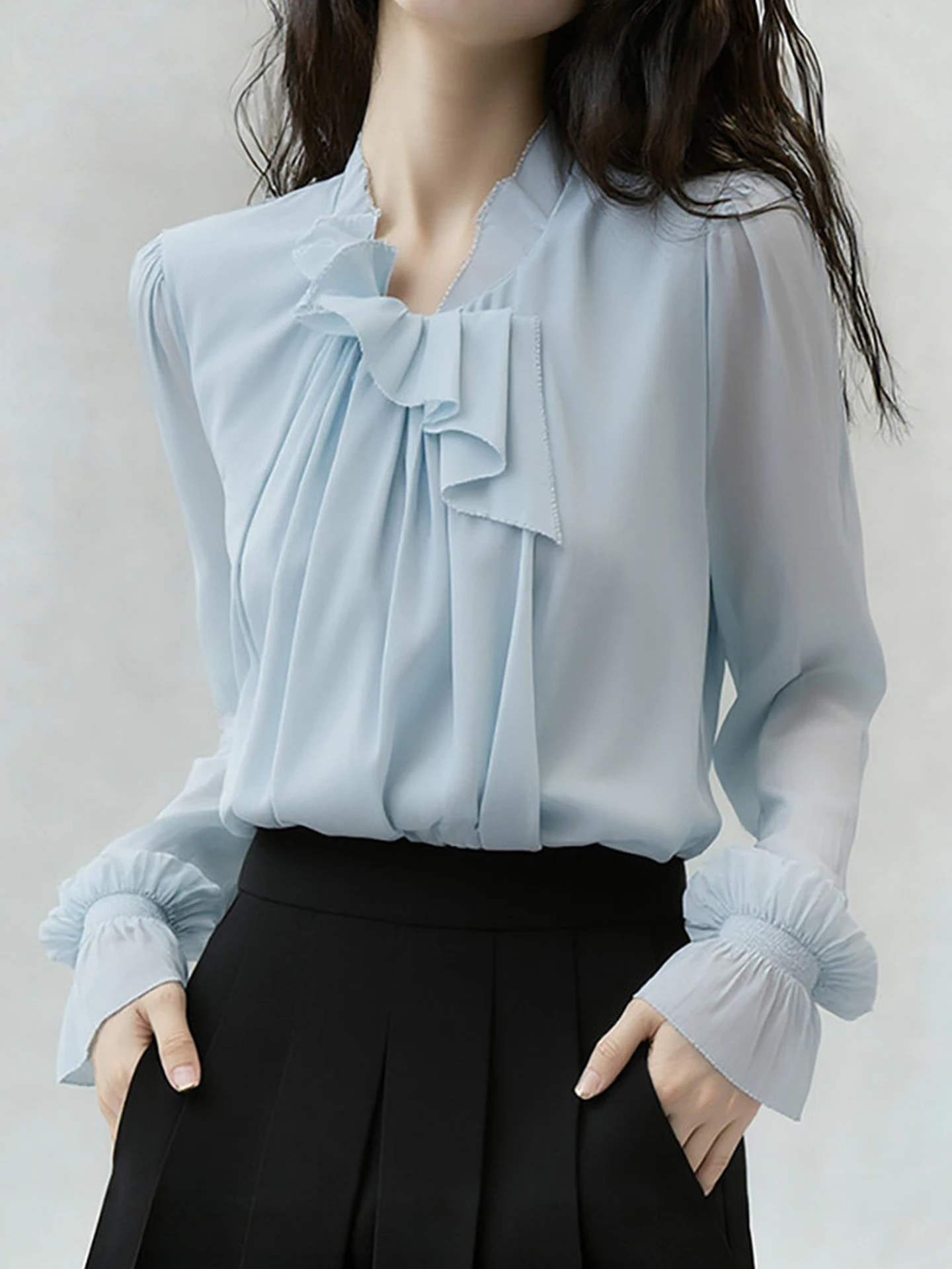 

Fashionable Pure Color Long Sleeve Shirt with Lace Design Commute Friendly Elegant Style Korean Version Straight Cut Silk Top