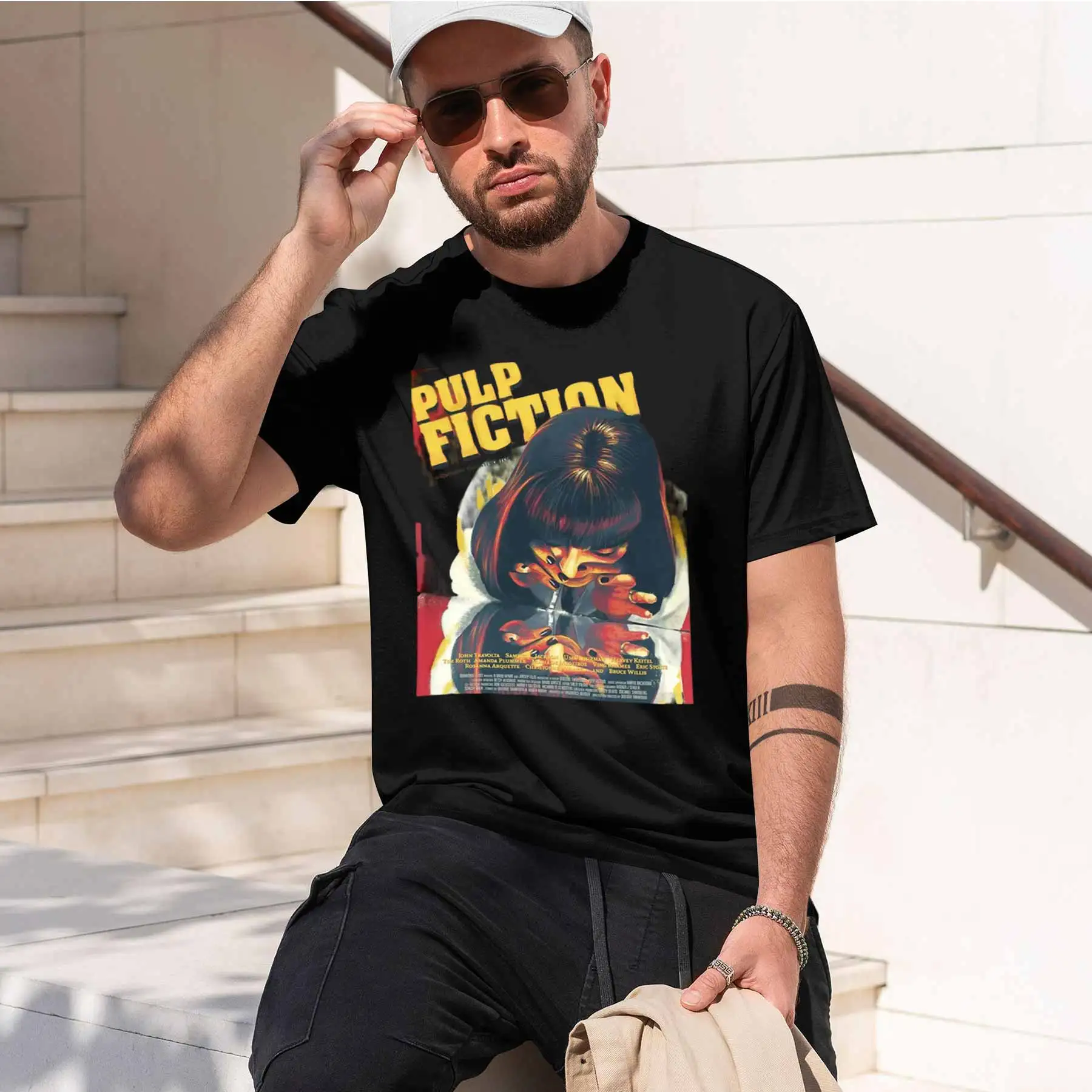 2026 New Printed T-shirt Men's Pulp Fiction Classic Movie Print T-shirt American Retro Trendy Loose Crew Neck Short Sleeve