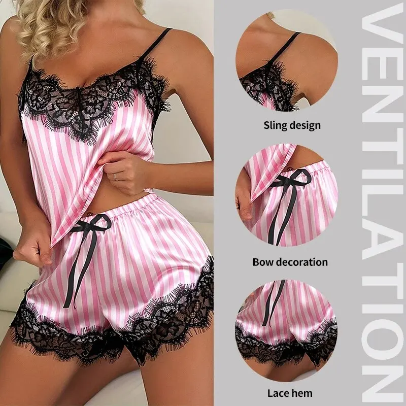 Summer Women\'s Sexy Home Casual Camisole Pajama Set with Pink and White Stripes Paired with Lace Edge V-Neck Sexy Pajama Set