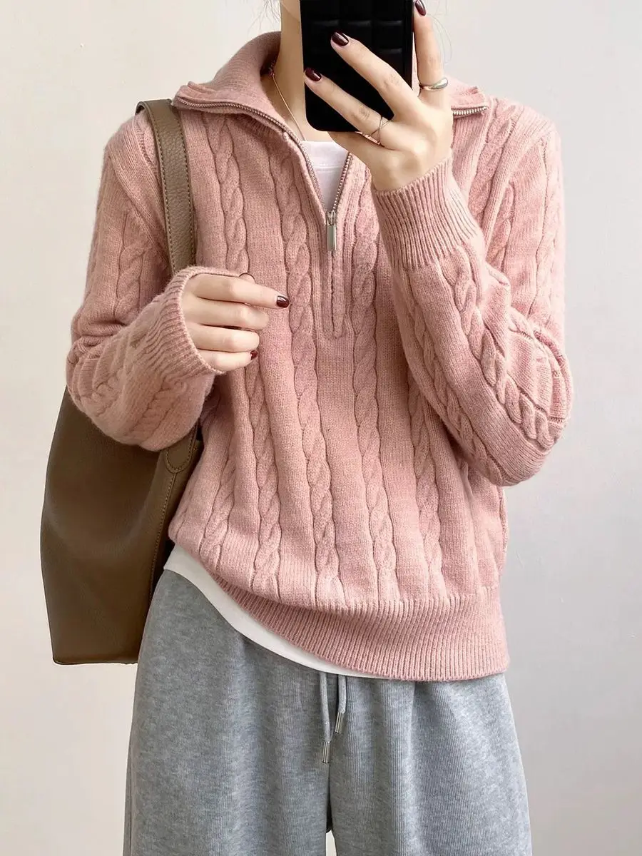 

Винтажный вязаный свитер на молнии для женщин, осень-зима, толстый лацкан, свободный крой, универсальный уютный повседневный пуловер с длинными рукавами, топ