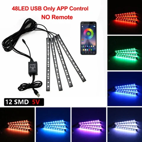 Неоновая Светодиодная Лампа Для Салона Автомобиля На 48 LED С USB, Беспроводным Пультом ДУ, Управлением Музыкой Через Приложение
