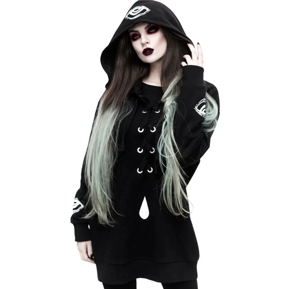 

Fashion Women Goth Dark Hoodie Long Sleeve Eye Printing Bow Tie Patchwork Loose Pullover Gothic Style Lady Hoodie Winter Coat