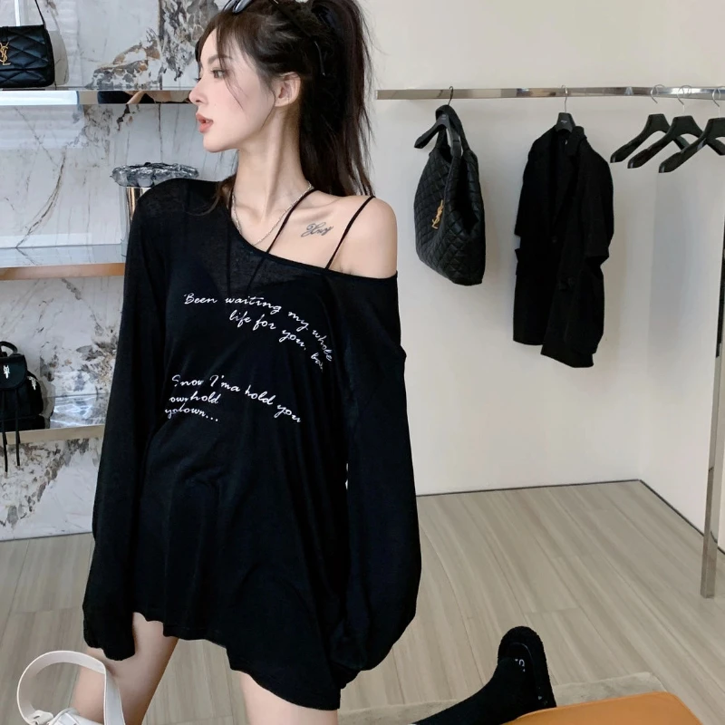 

Perspective Thin Long Sleeve Lazy Style T Shirts Summer New Ice Silk Print Letter Loose Korean Tops Fashion Casual Women Clothes