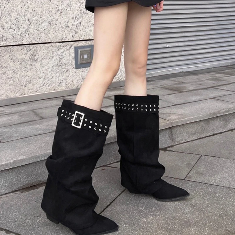 New Black Thick High Heels Women Knee-High Boots Women Belt Buckle Cowboy Western Boots Stacking Pants Boots Women Botines Mujer