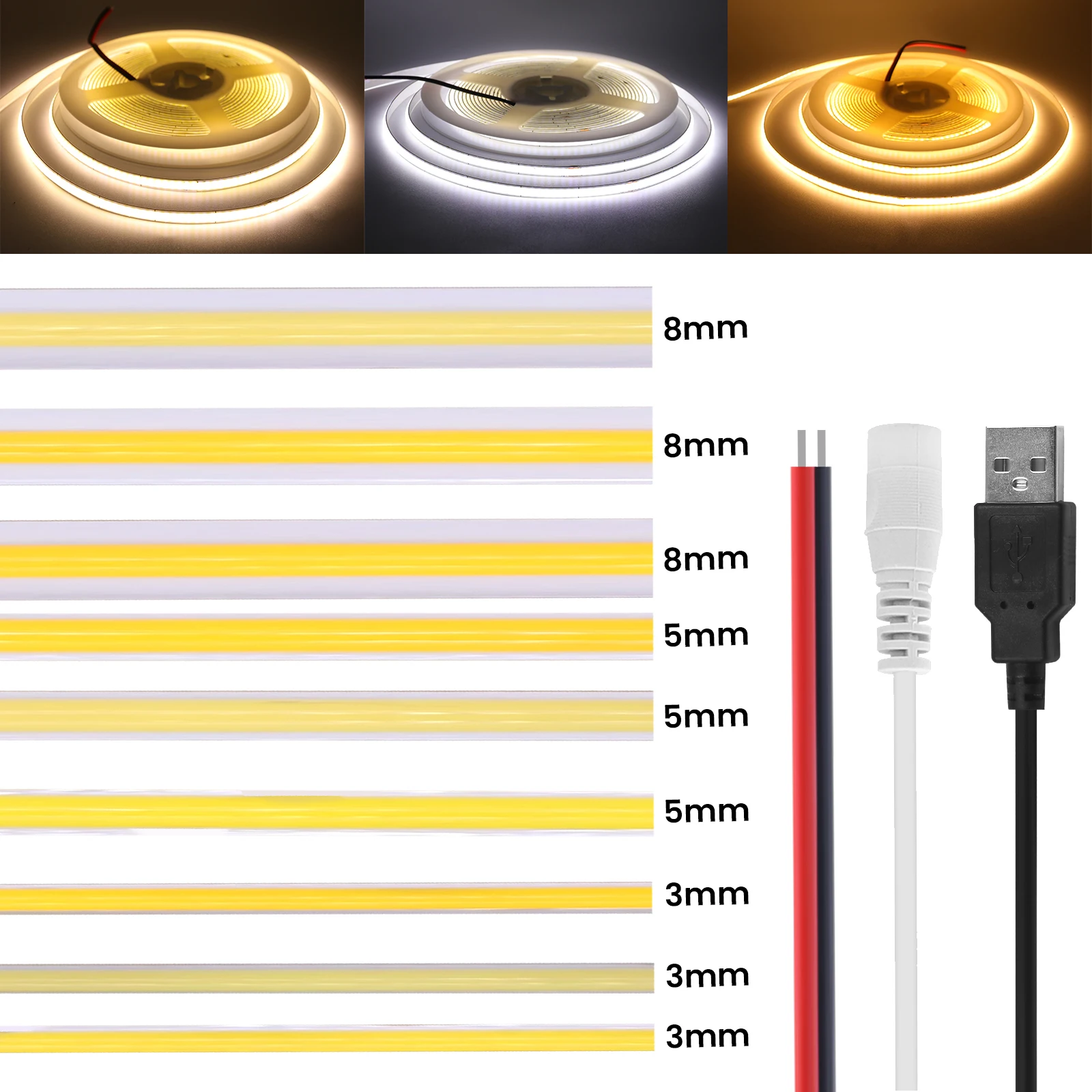 5V USB COB LED Strip 3mm 5mm 8mm Flexible LED Tape 12V 320LEDs COB Light with Adhesive High Density Linear Lighting