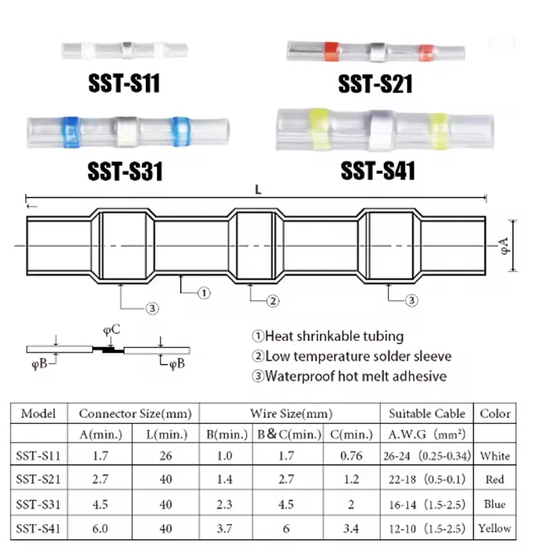 20-100 قطعة أنبوب الانكماش الحراري المقاوم للماء مع سلك كهربائي معزول لحام بعقب محطة لصق طقم توصيل كهربائي أداة