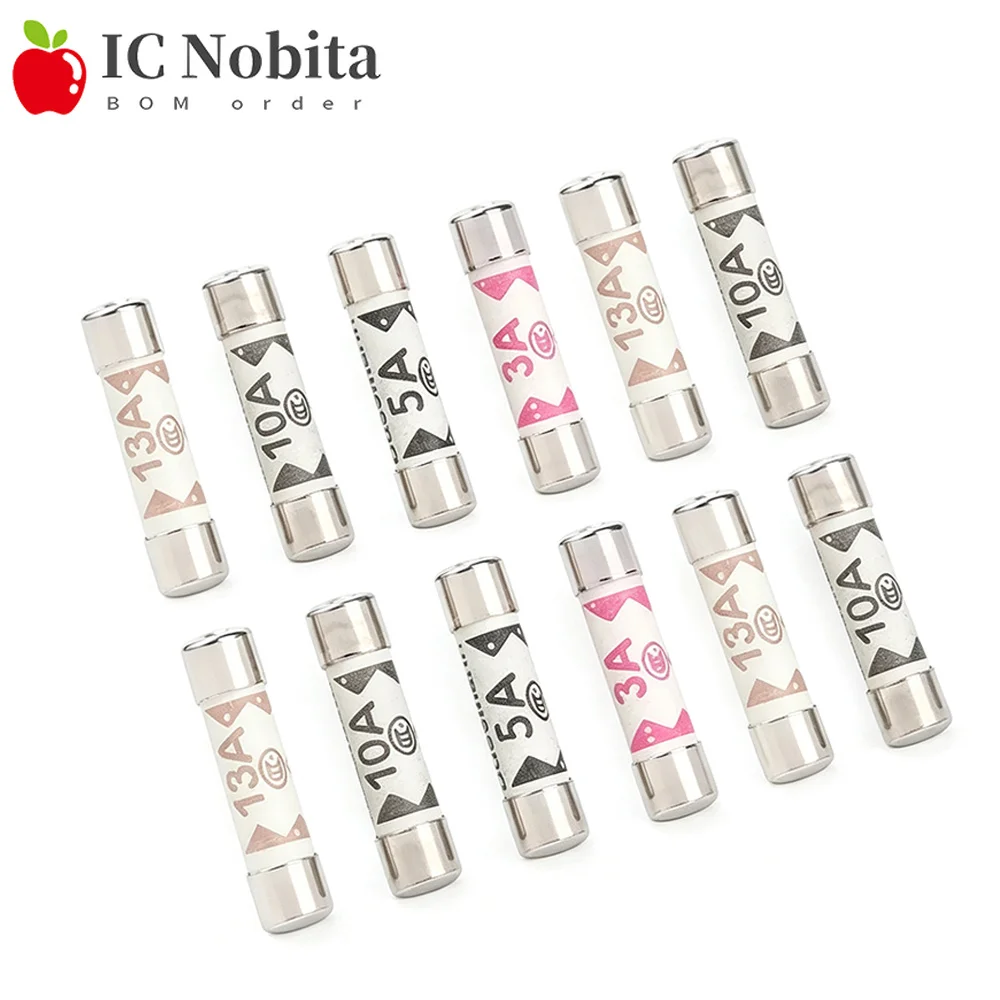 100PCS BS1362 British Fuse 1A 2A 3A 5A 10A 13A 15A 20A Ceramic Fuse Domestic House Hold Mains Plug Cartridge Fuses 6*25mm