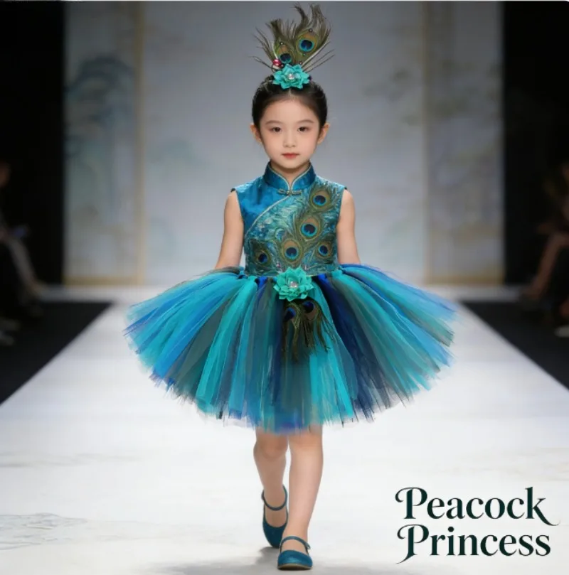 

Flower Peacock Feather Mesh Skirt Girls Tutu Skirt Kids Performance Puffy Skirt Fashion Tulle Skirt for Girls