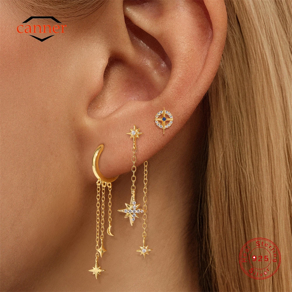 

CANNER 1PC 925 Sterling Silver Eight Pointed Stars Moon Long Chain Tassel Zircon Drop Earrings For Women Ins Petal Earrings Gift