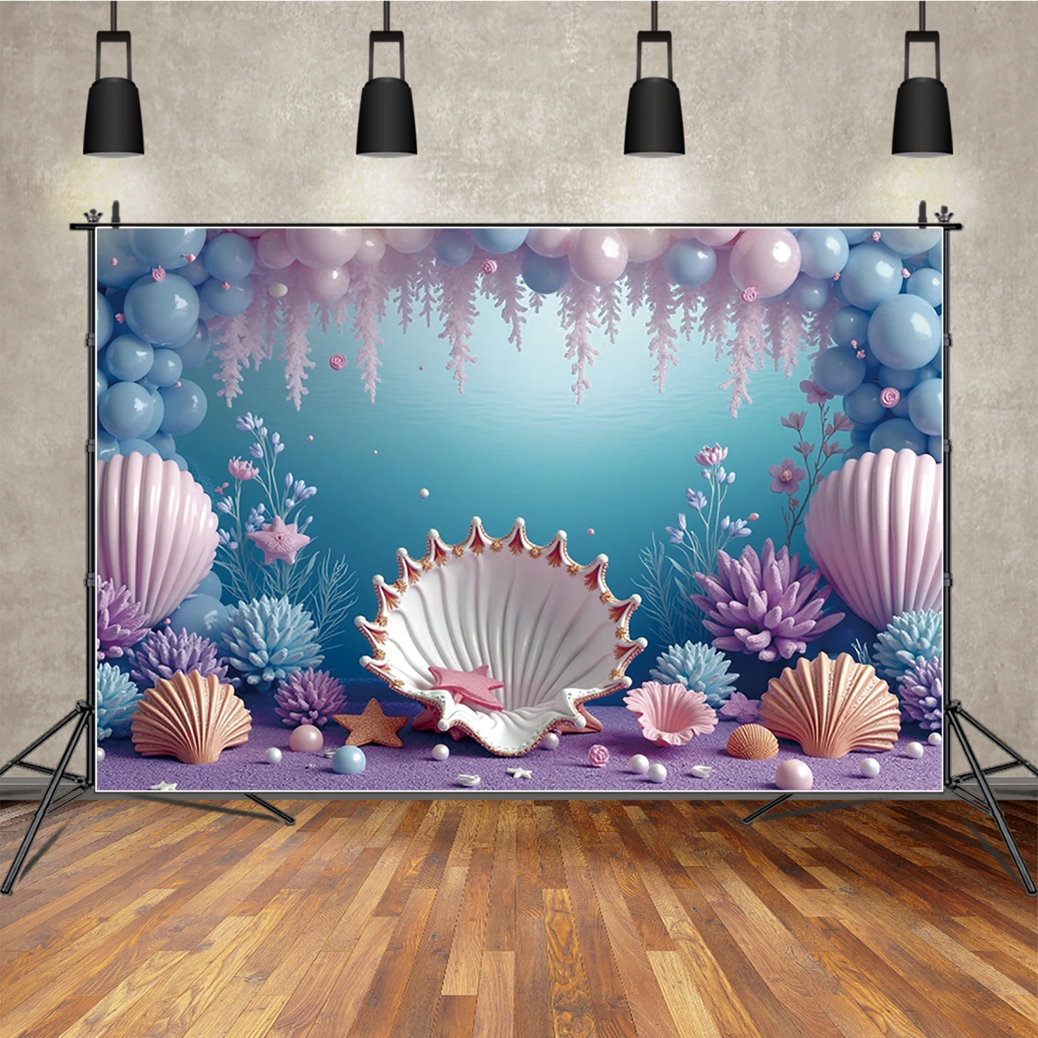 

MOON.QG Princess Girl Birthday Party Decor Background Photography Underwater Mermaid Shell Backdrop Cake Smash Baby Shower Photo