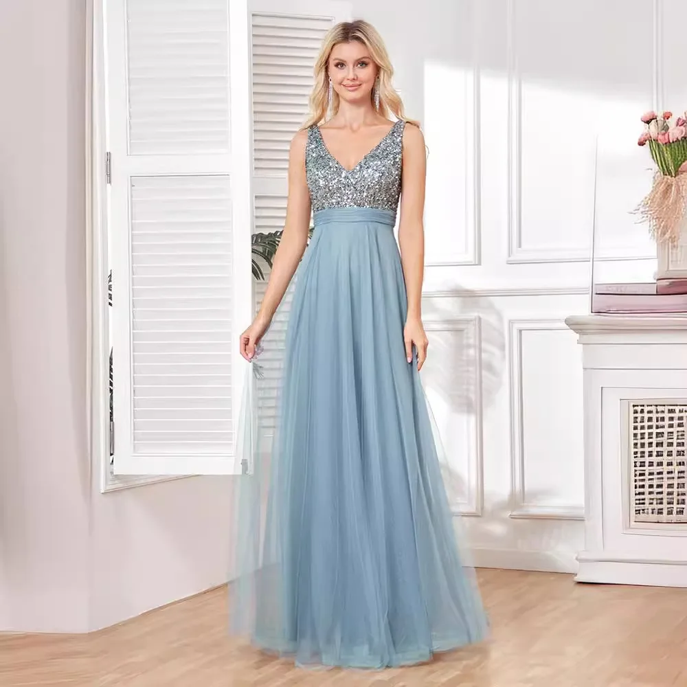 2024 Sleeveless Evening Dresses V-Neck Leaf Tulle Embroidery Long Party Gown Elegant A-Line Formal Dress