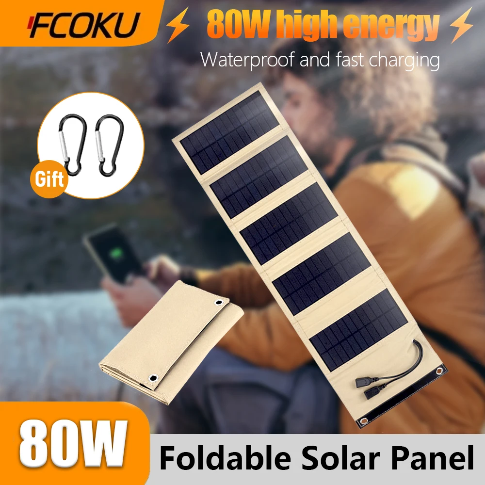 80W Portable Foldable Solar Panel 5V Waterproof Solar Panel for Cell Phone Power Bank Battery Charger Camping Tourism