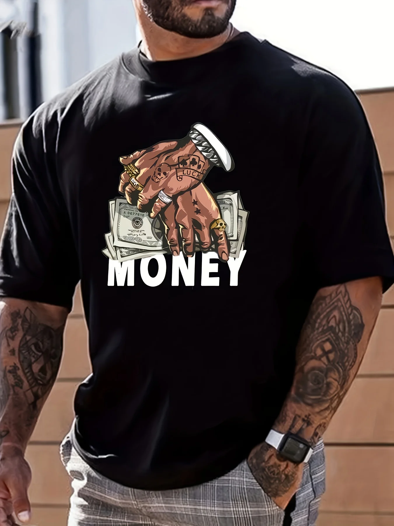 Hip Hop Money Cash Mens Crew Neck Cotton T Shirt Tattoo Hands With Banknote Print Short Sleeve Urban Casual Street Fashion Top