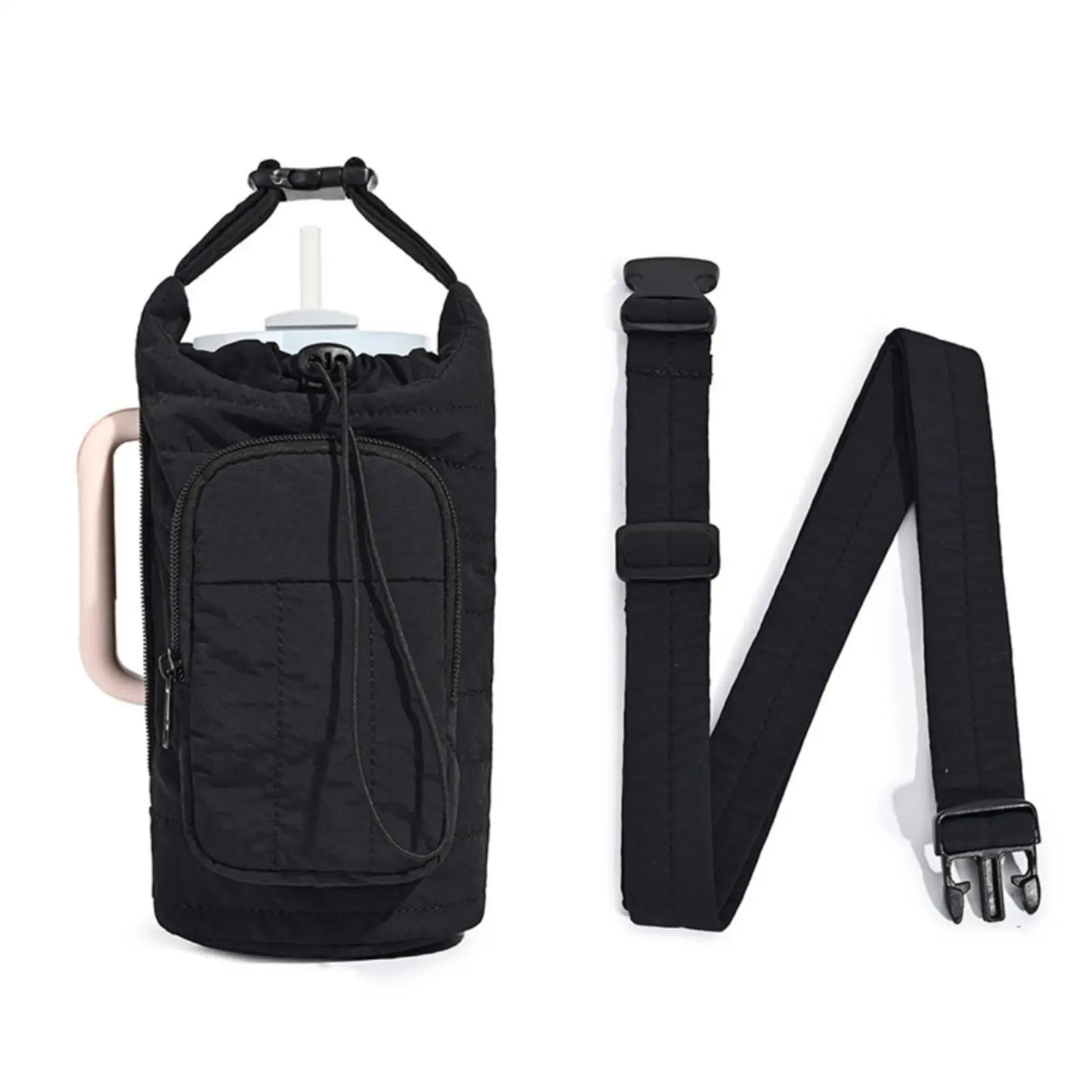 Quilted Insulated Bottle Sleeve with Shoulder Strap Water Bottle Carrier Padded Tote for Travel Commute