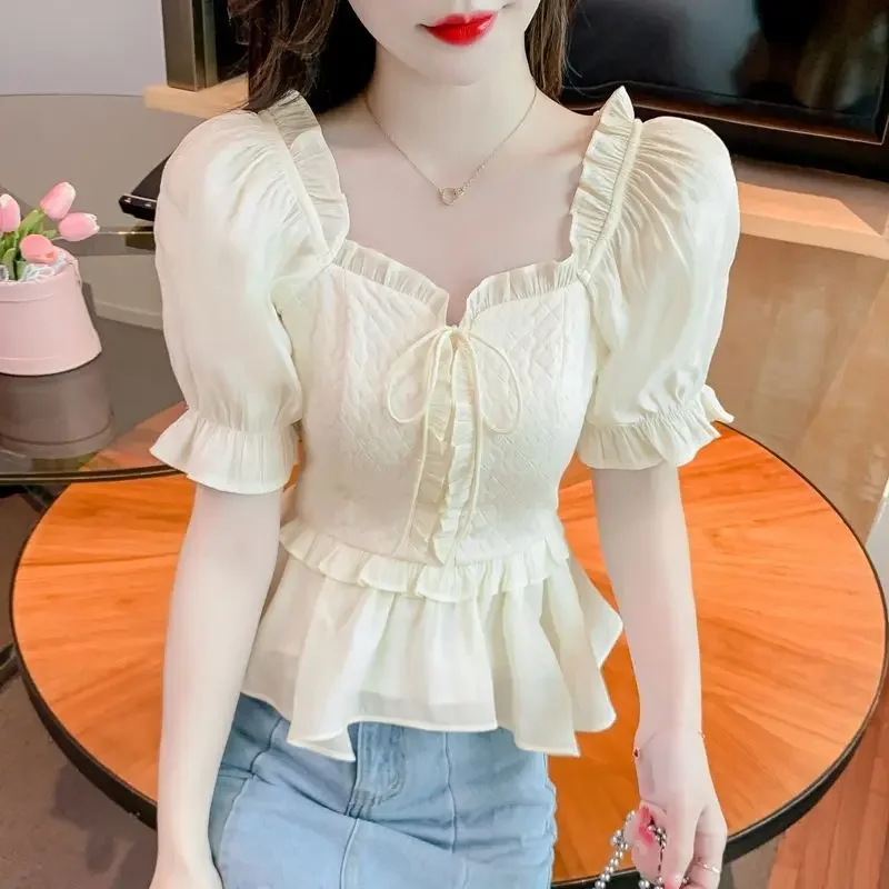 

Chiffon Shirt Short Sleeve New Women's Niche and Unique Waist-huggingTop