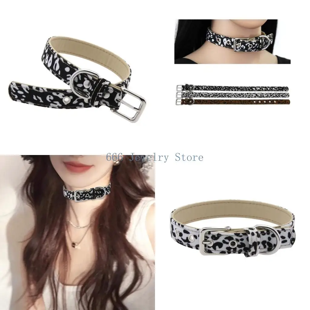 F2TD Leopard Print Adjustable Belt Buckles Collar Necklace Faux Leather Chokers Gift